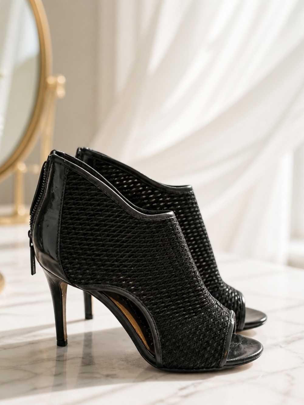 Donald J. Pliner Black Woven Peep-Toe Stiletto Booties
